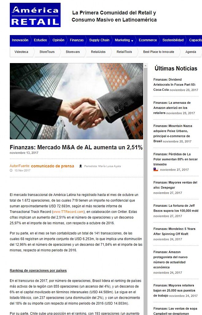 Finanzas: Mercado M&A de AL aumenta un 2,51%